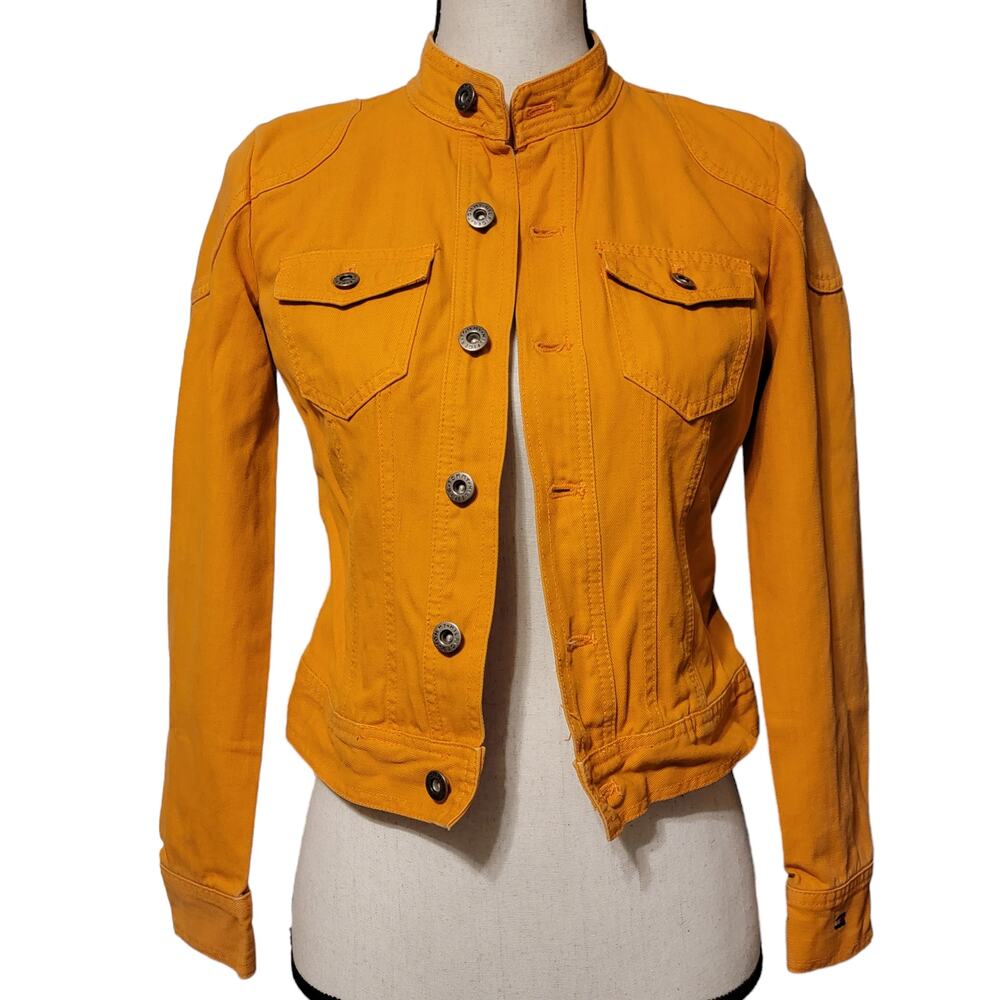 VTG 2000s Tommy Hilfiger Jean Jacket Womens XS‎ Petite Orange Denim Band Collar